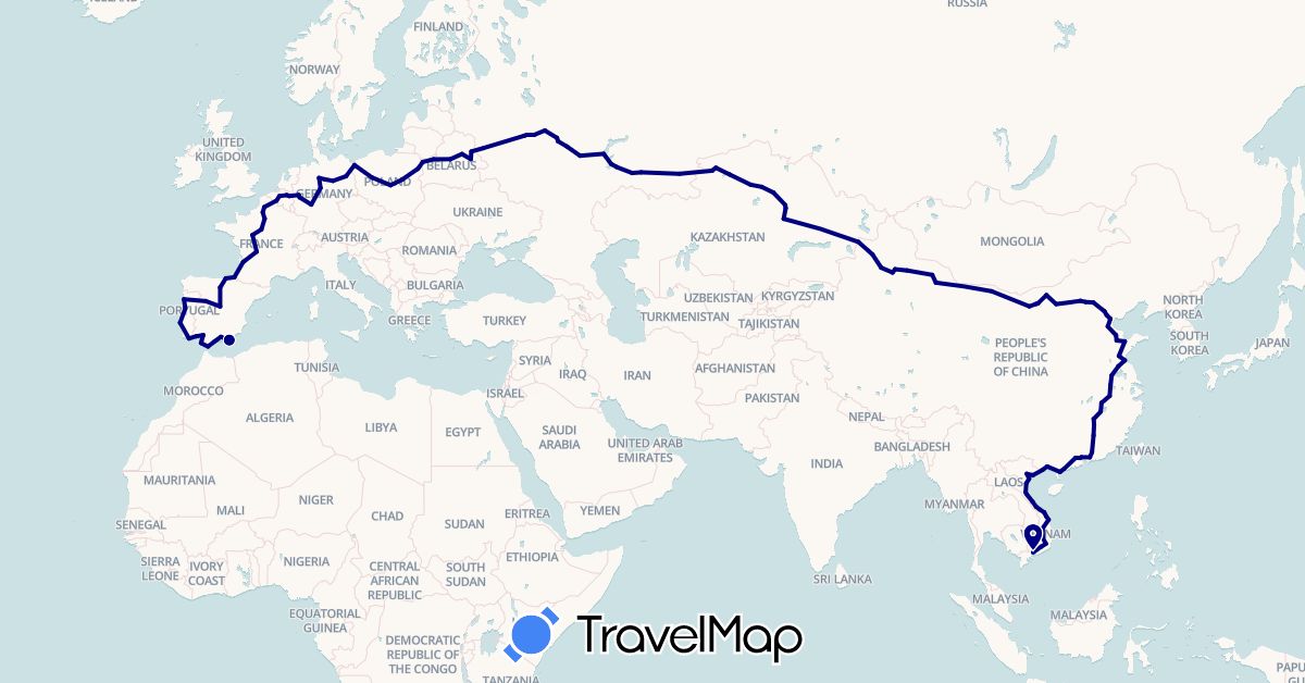 TravelMap itinerary: driving in Belgium, Belarus, China, Germany, Spain, France, Gibraltar, Kazakhstan, Netherlands, Poland, Portugal, Russia, Vietnam (Asia, Europe)